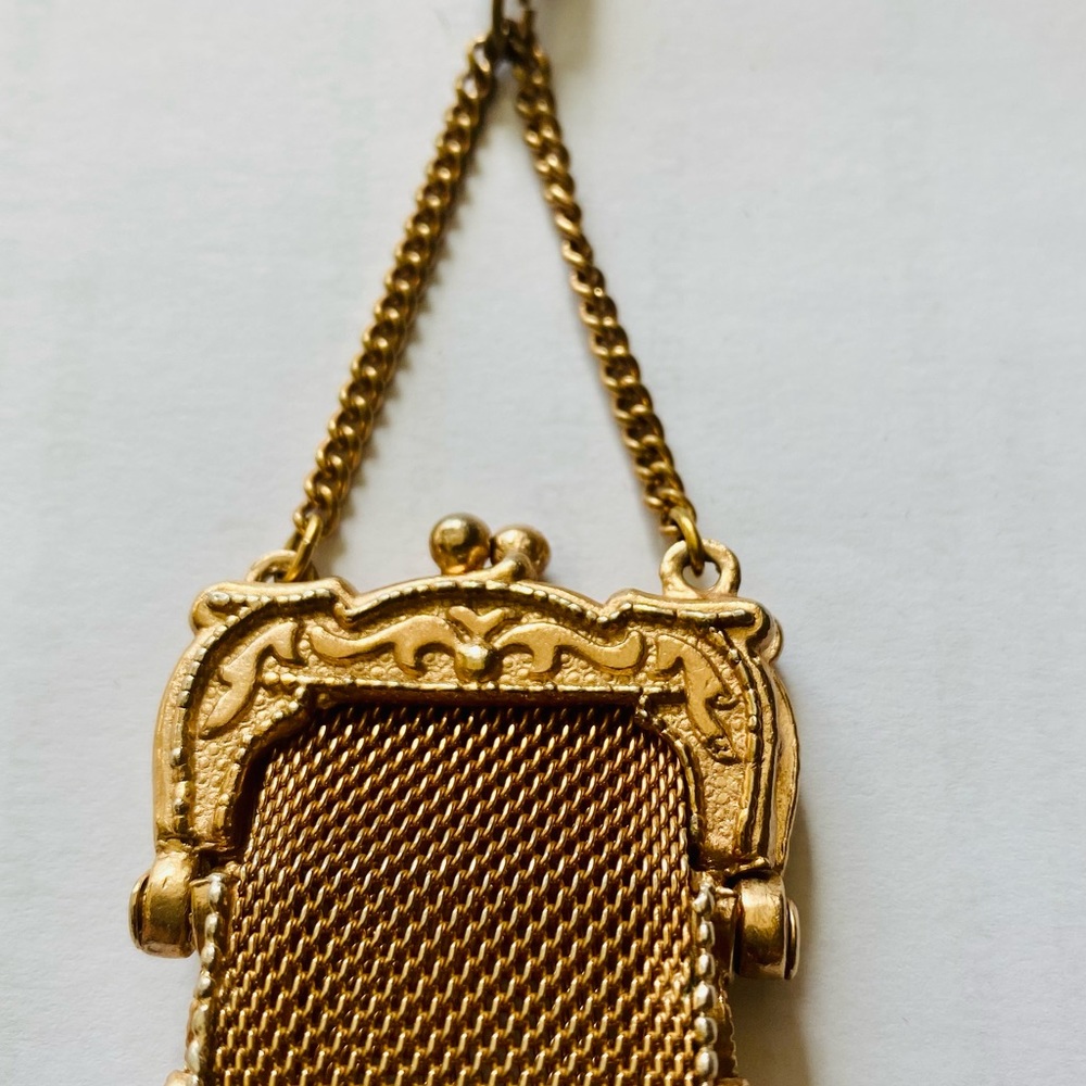 Antique Victorian Chatelaine Tiny Gold Plated Coin Purse - Picture 1 of 5